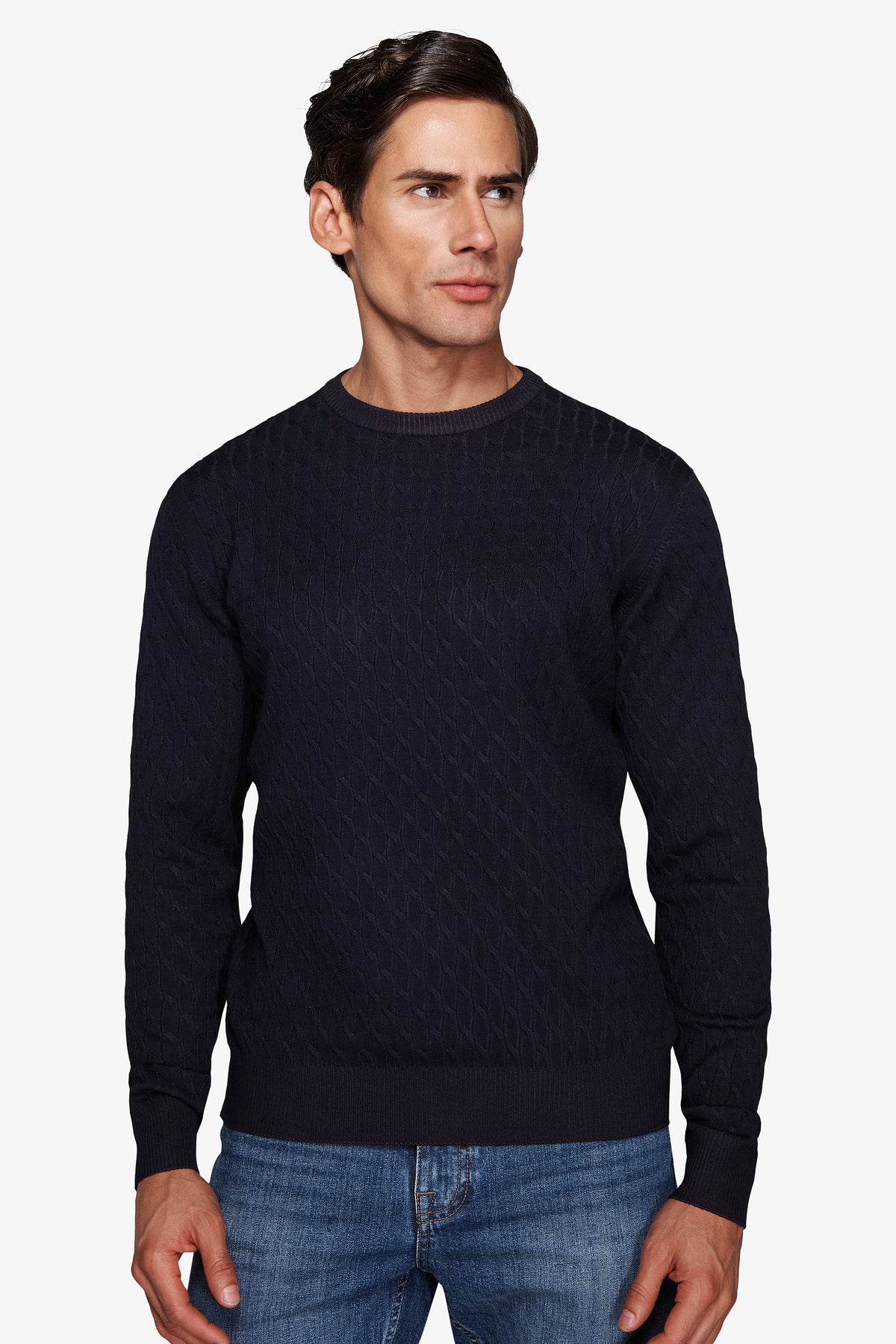 Pull ras-du-cou torsadé bleu