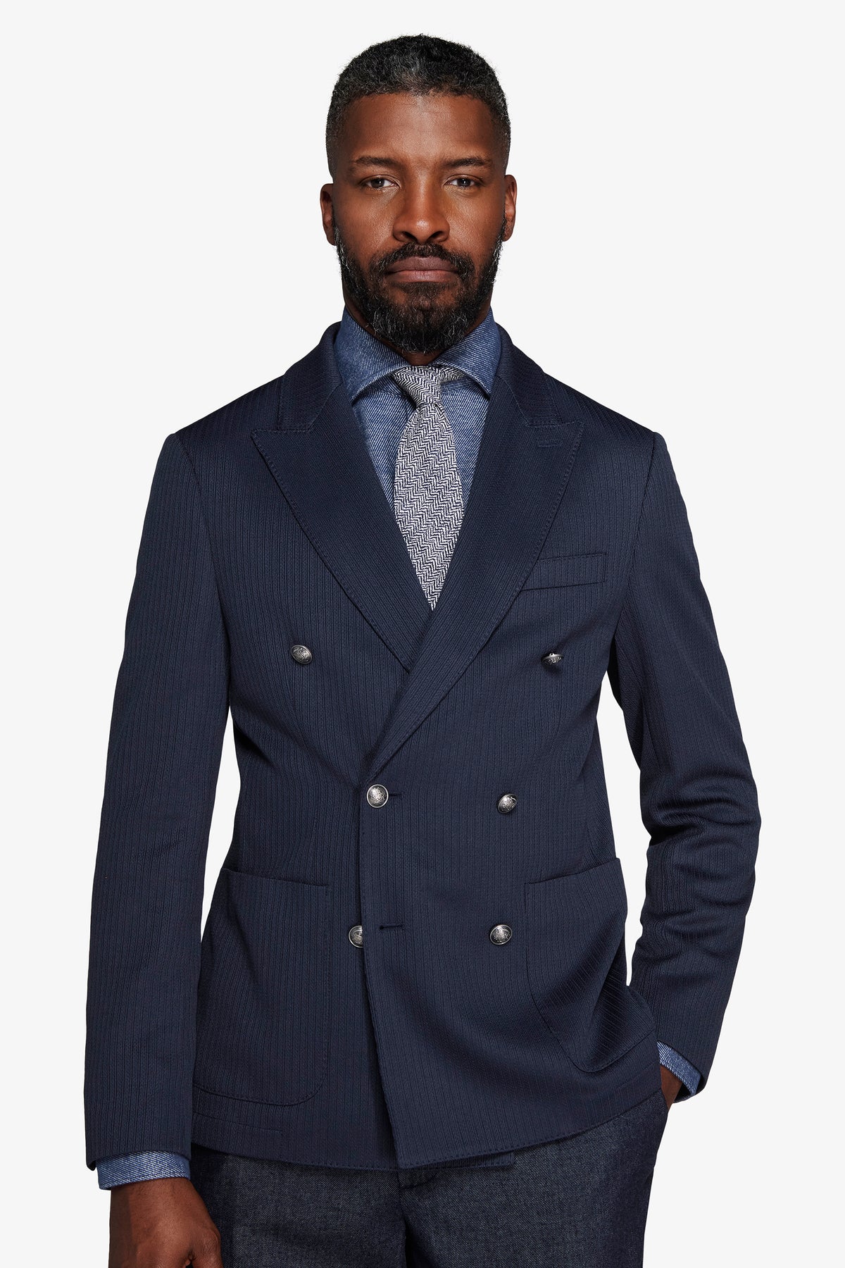 Giacca doppiopetto jersey operato blu