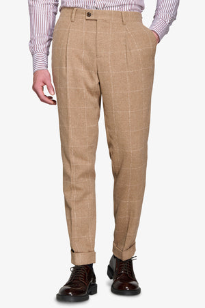 Camel wool blend check suit trousers