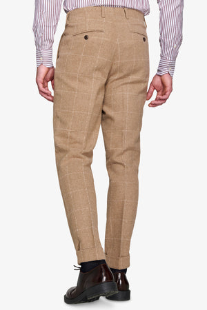 Camel wool blend check suit trousers