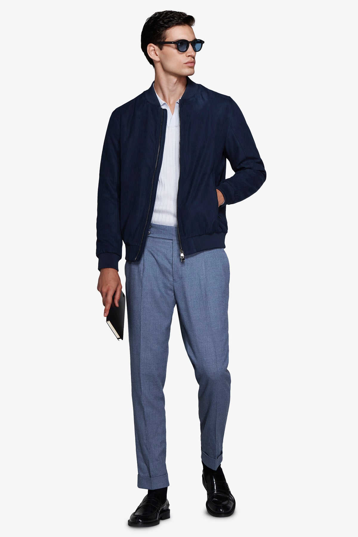 Blouson aviateur entièrement zippé en simili-daim bleu turquoise