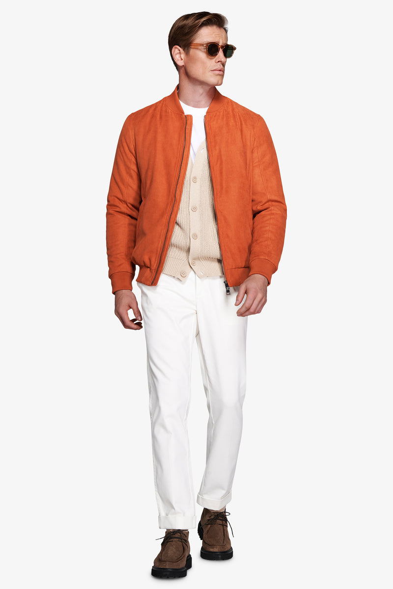 Orange ecosuede full zip bomber jacket