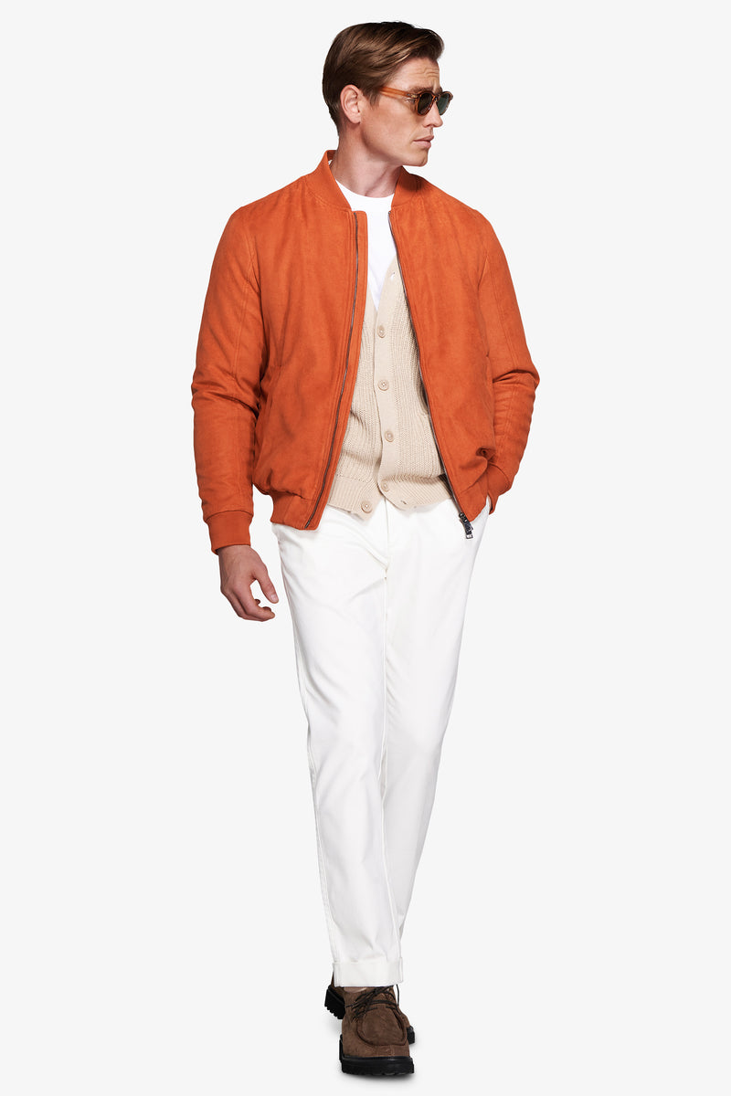 Orange ecosuede full zip bomber jacket