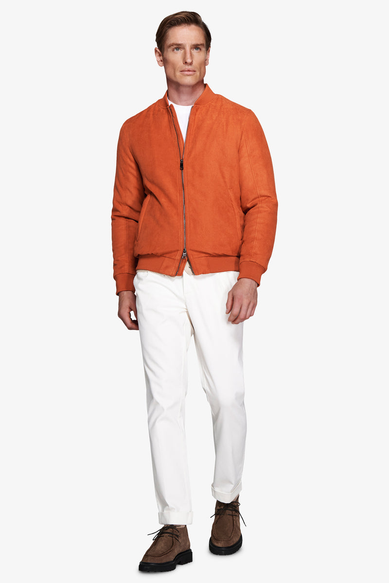 Orange ecosuede full zip bomber jacket