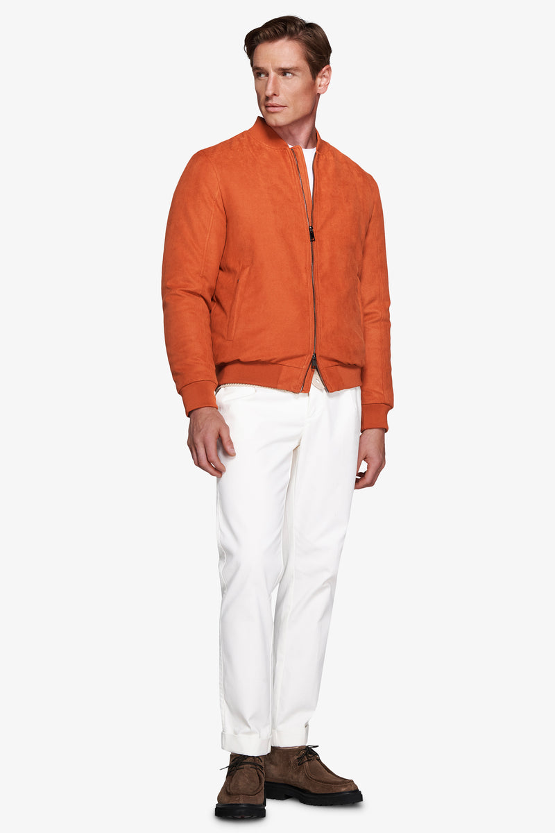 Orange ecosuede full zip bomber jacket