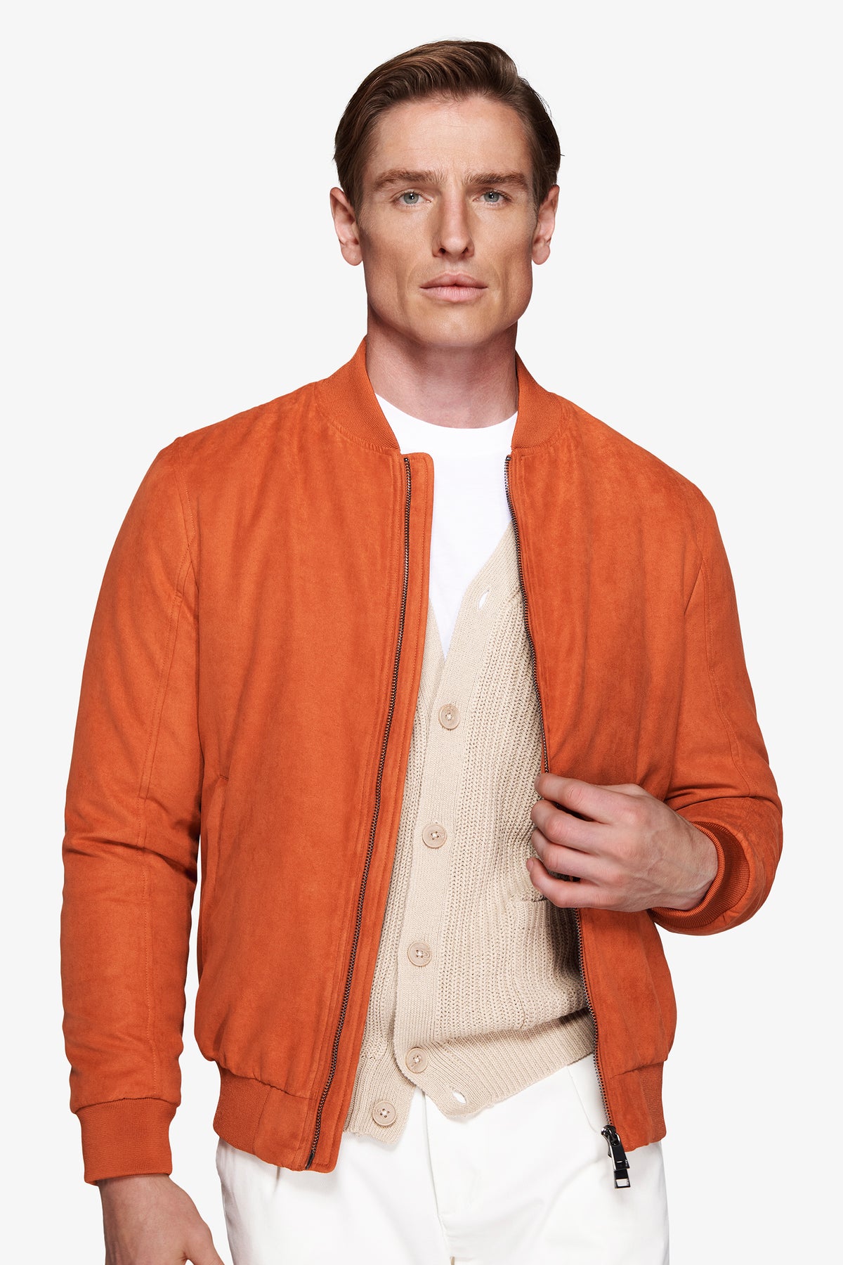 Blouson aviateur entièrement zippé en simili-daim orange
