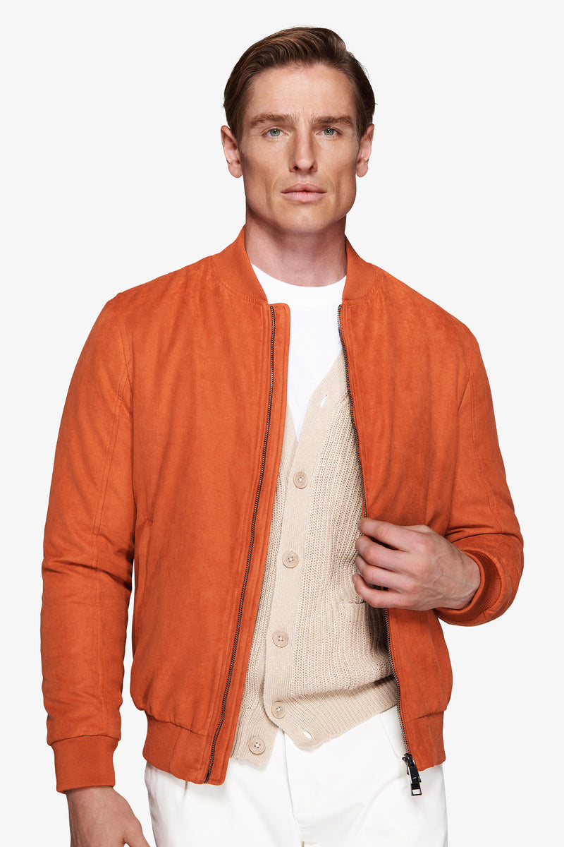 Orange ecosuede full zip bomber jacket