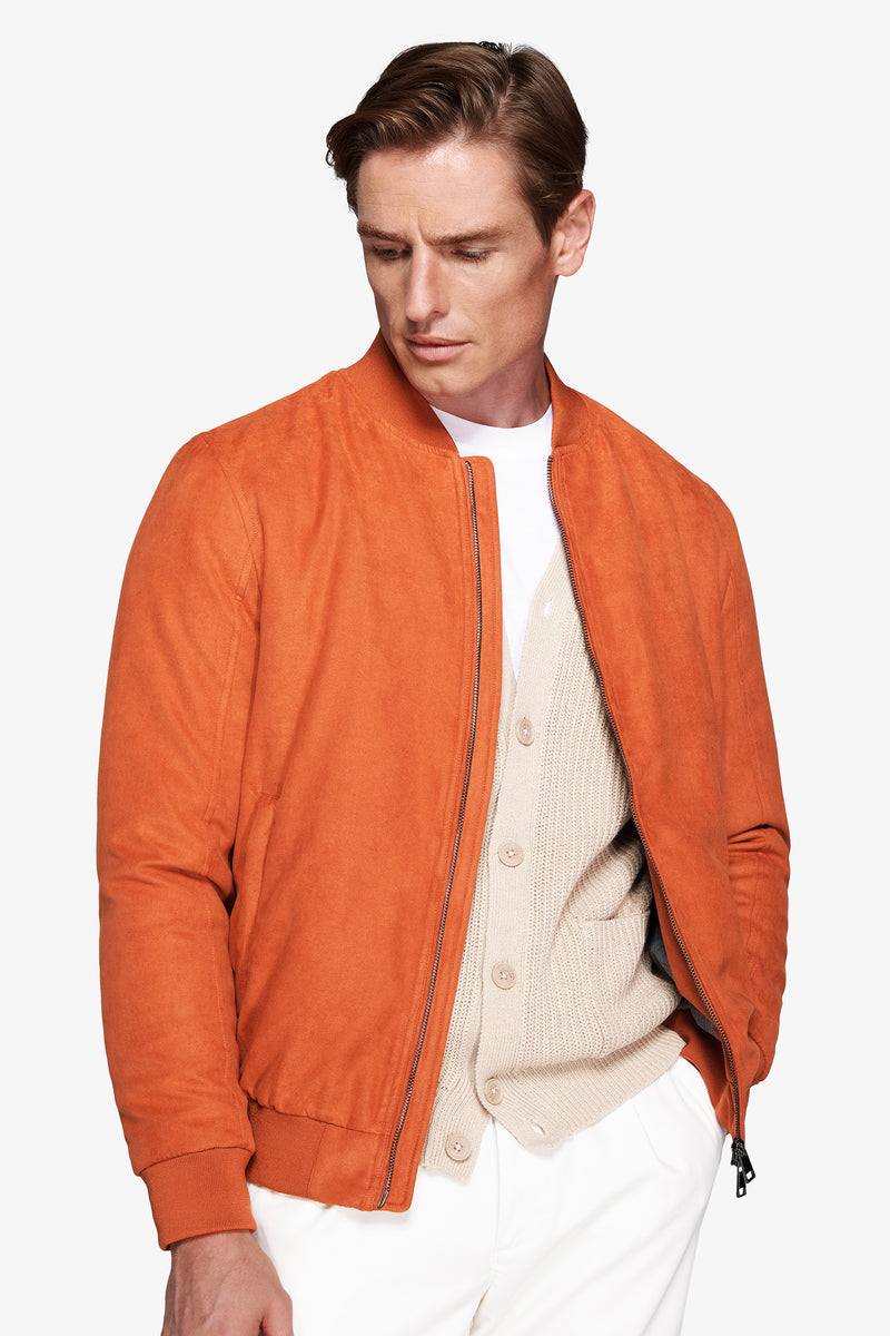 Orange ecosuede full zip bomber jacket
