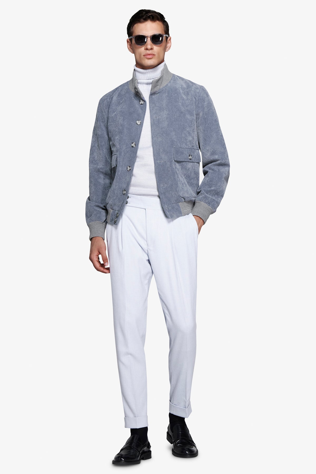 Blouson aviateur en velours côtelé couleur bleu pastel