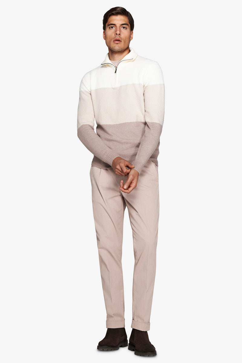 Pull demi-zip color block crème