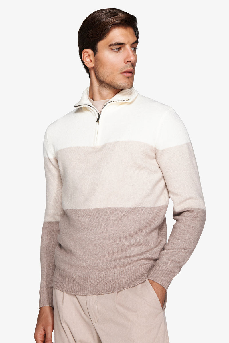 Pull demi-zip color block crème