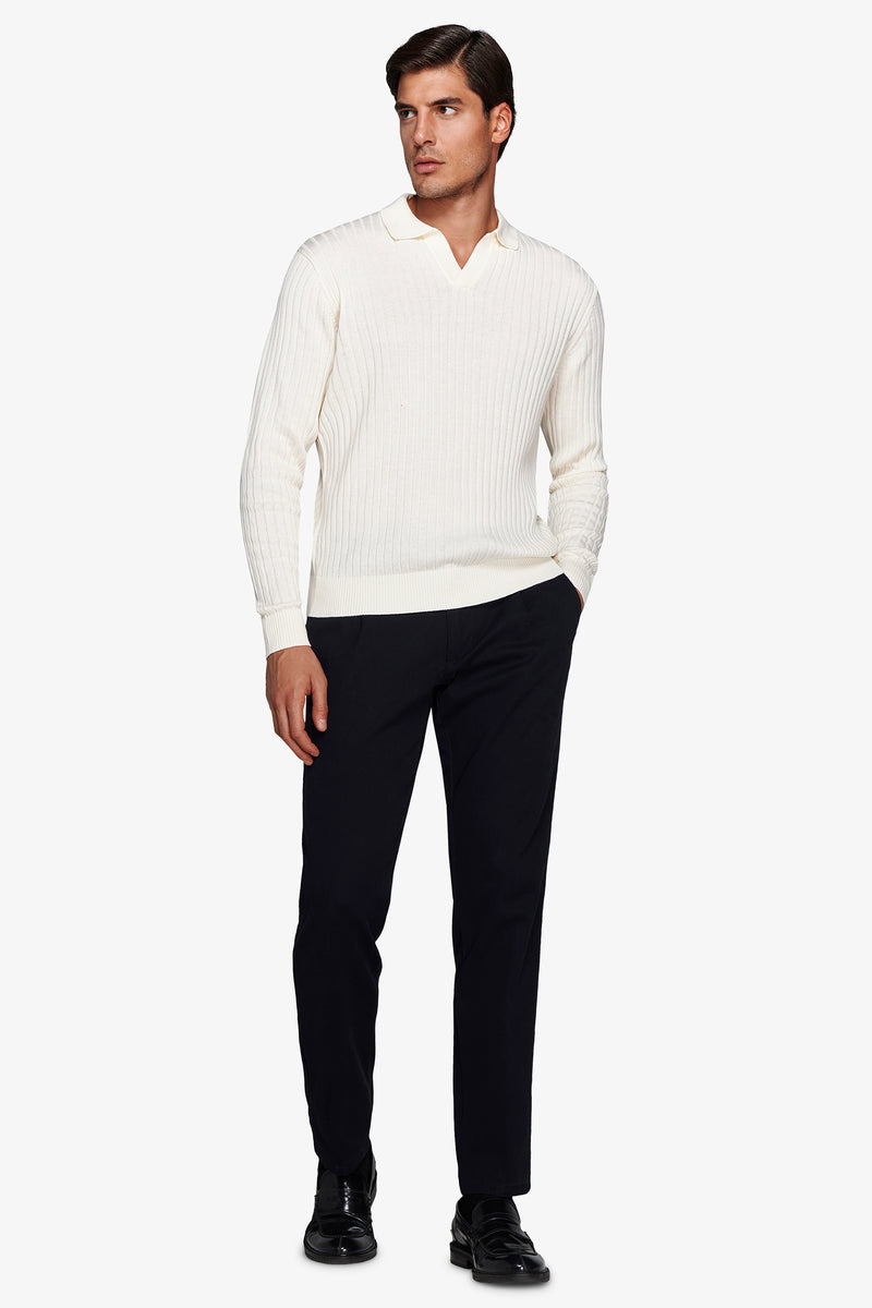 Polo in maglia collo aperto costa piatta panna