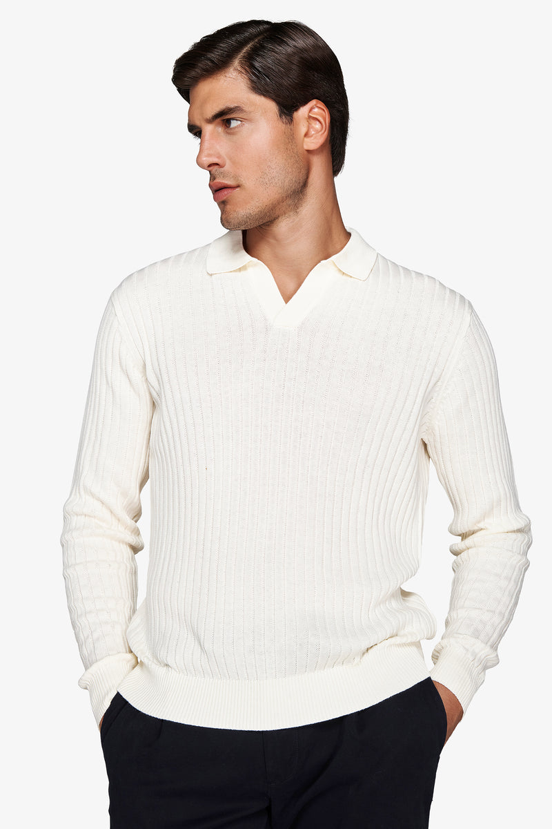 Polo in maglia collo aperto costa piatta panna