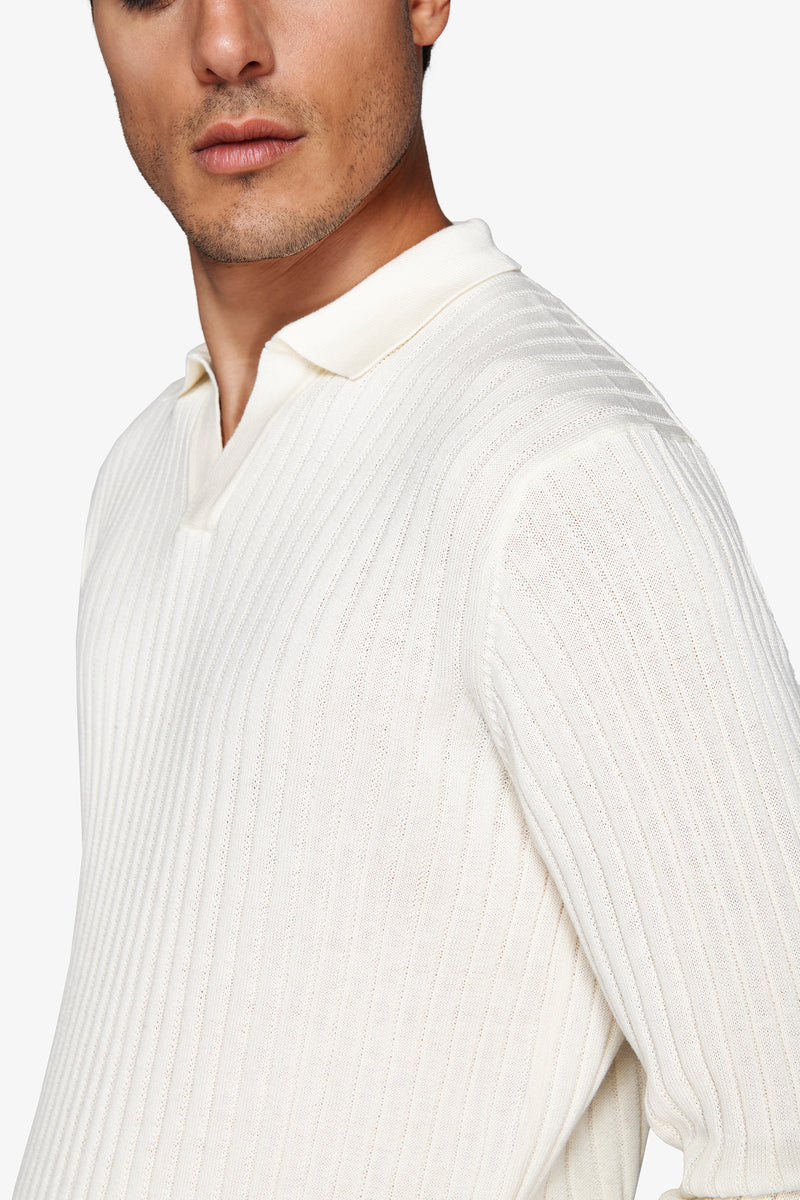 Polo in maglia collo aperto costa piatta panna