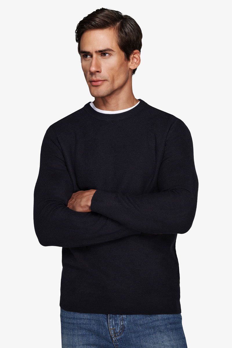 Pull bleu armuré à col rond au point de riz