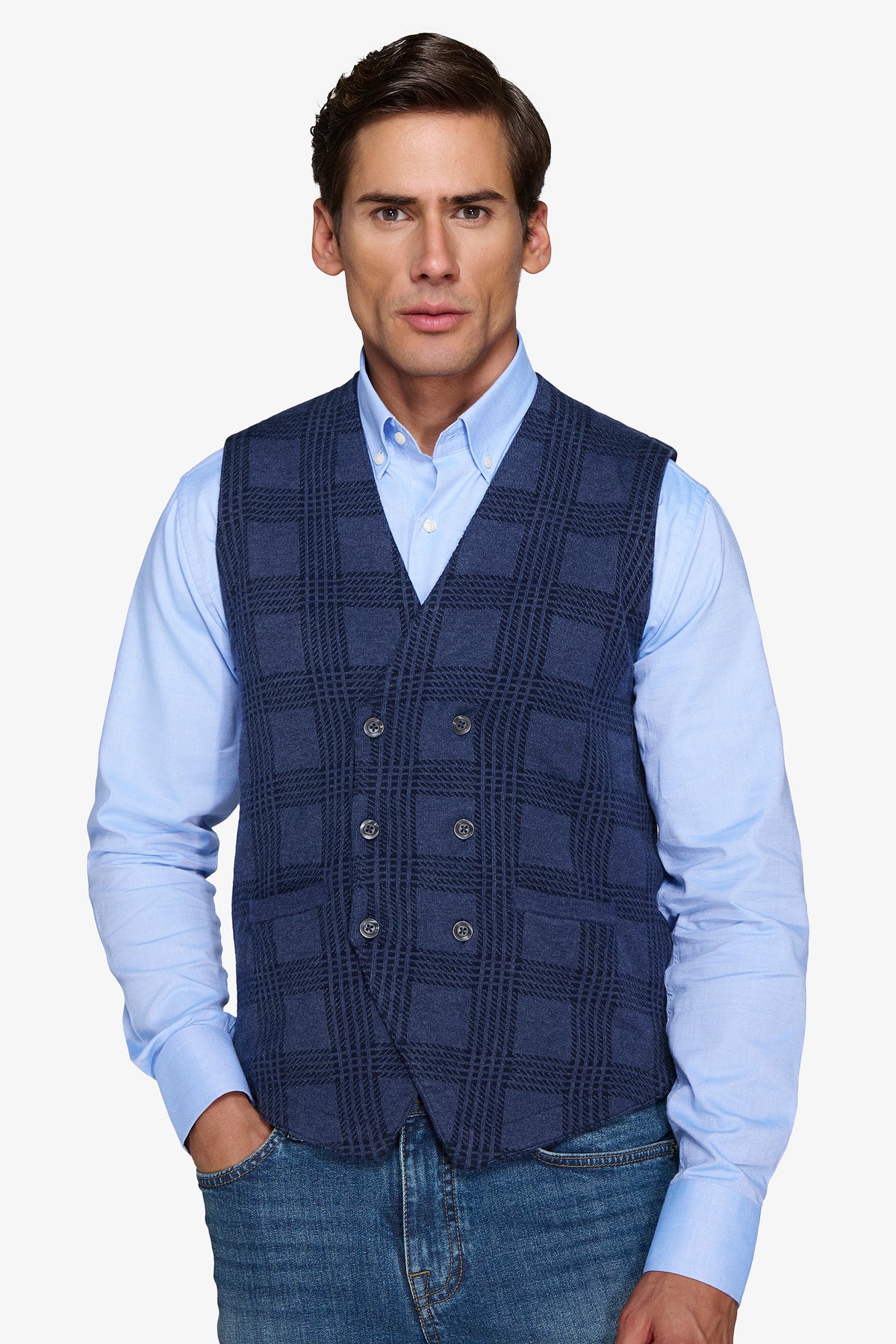 Gilet doppiopetto in maglia check avion