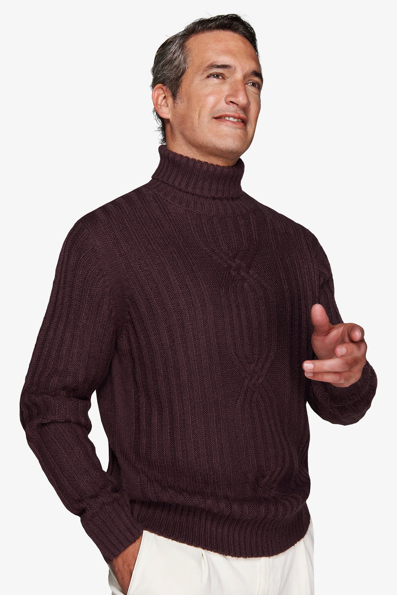 Pull col roulé côtelé bordeaux