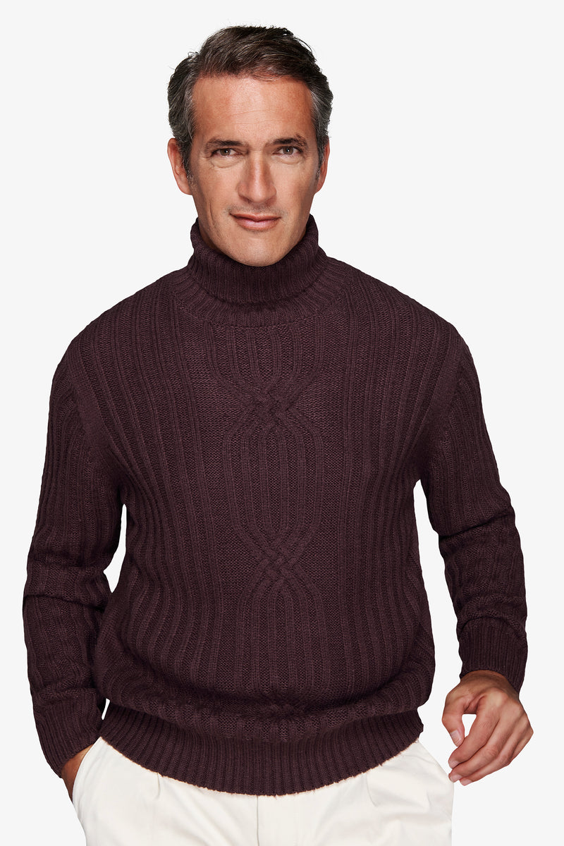 Pull col roulé côtelé bordeaux