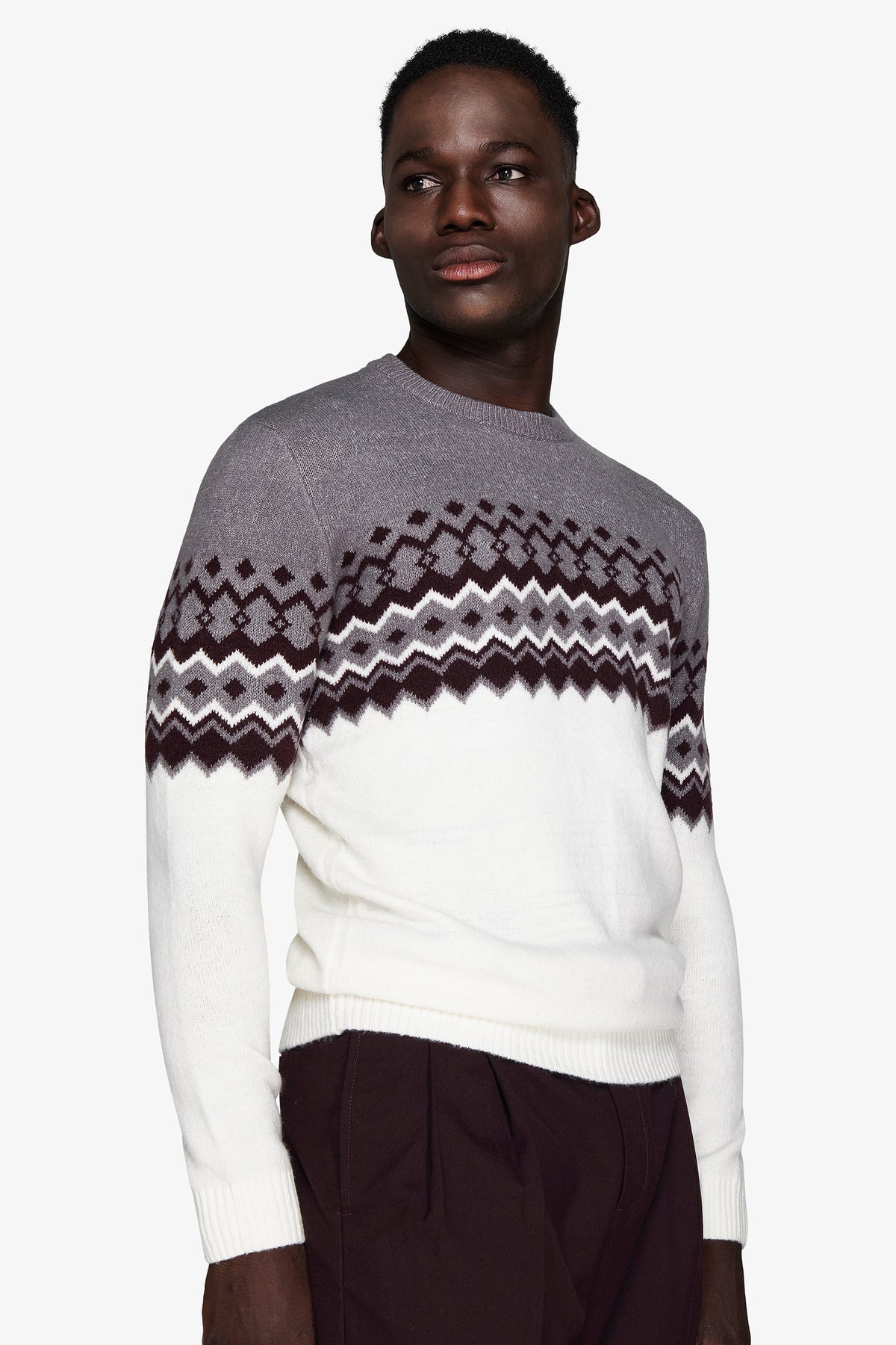 Pull ras du cou bordeaux motif norvégien