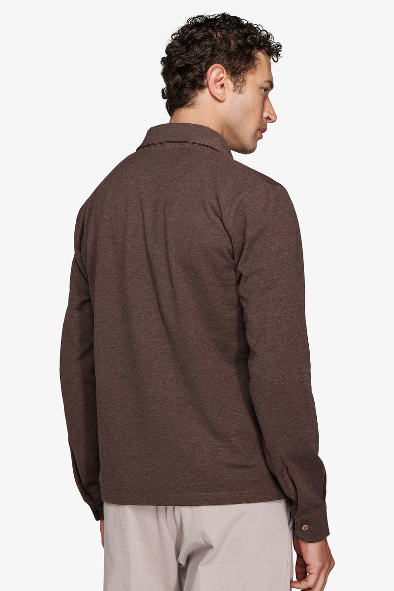 Polo piquet stretch con collo camicia tortora