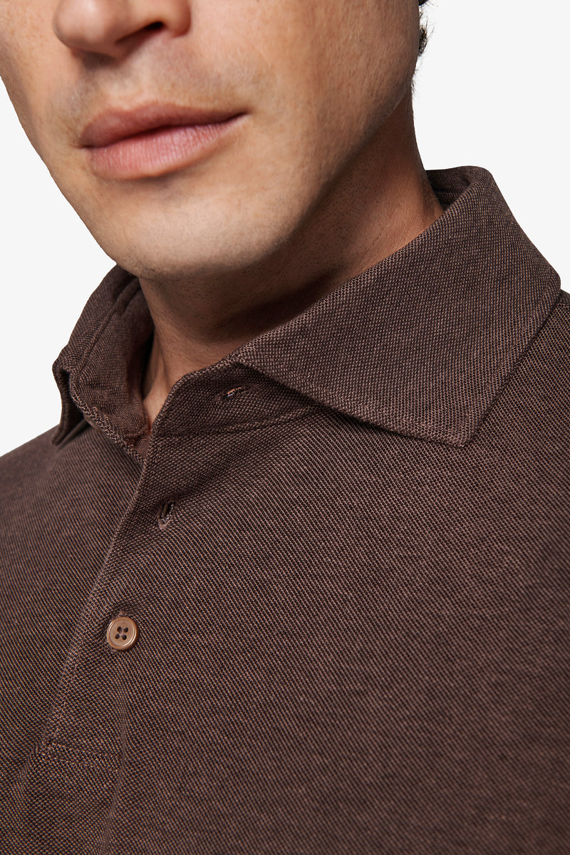Polo piquet stretch con collo camicia tortora