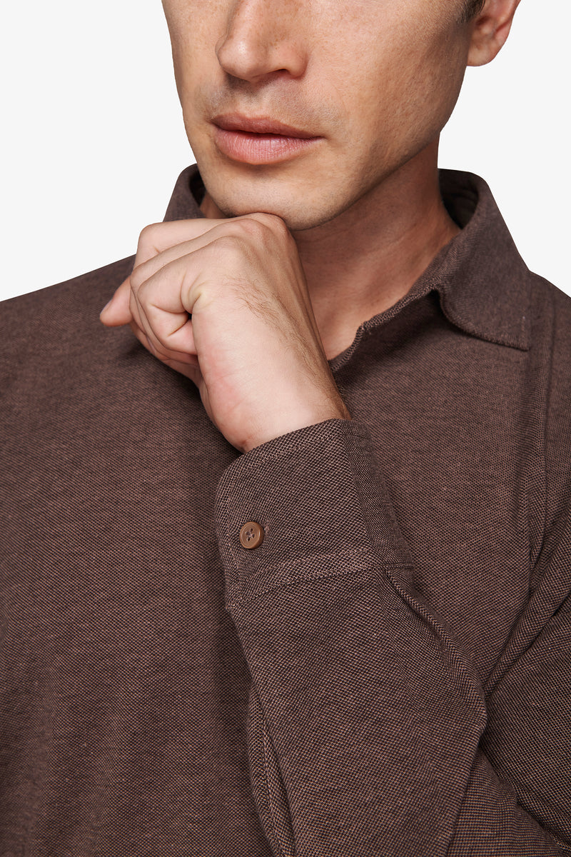 Polo piquet stretch con collo camicia tortora