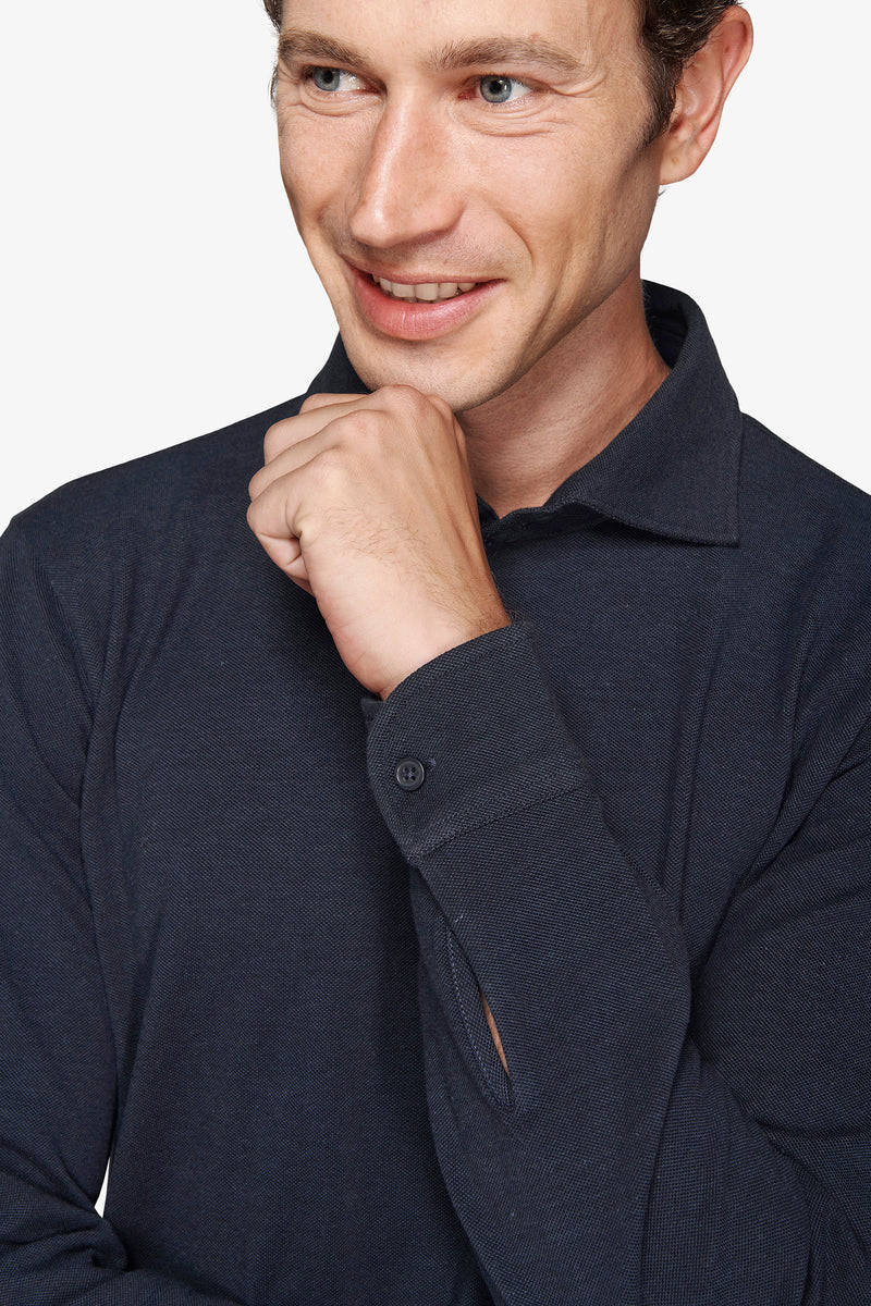 Polo piquet stretch con collo camicia avion