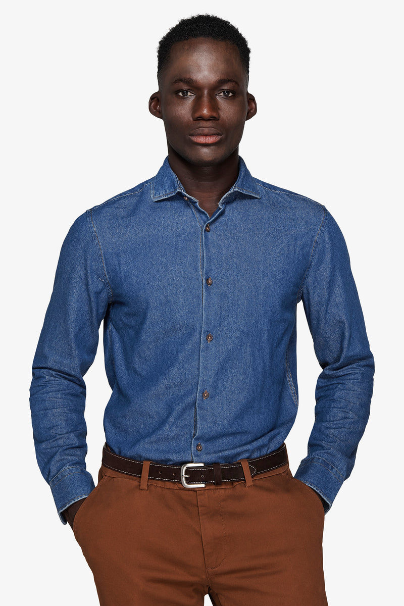 Dark wash chambray denim shirt