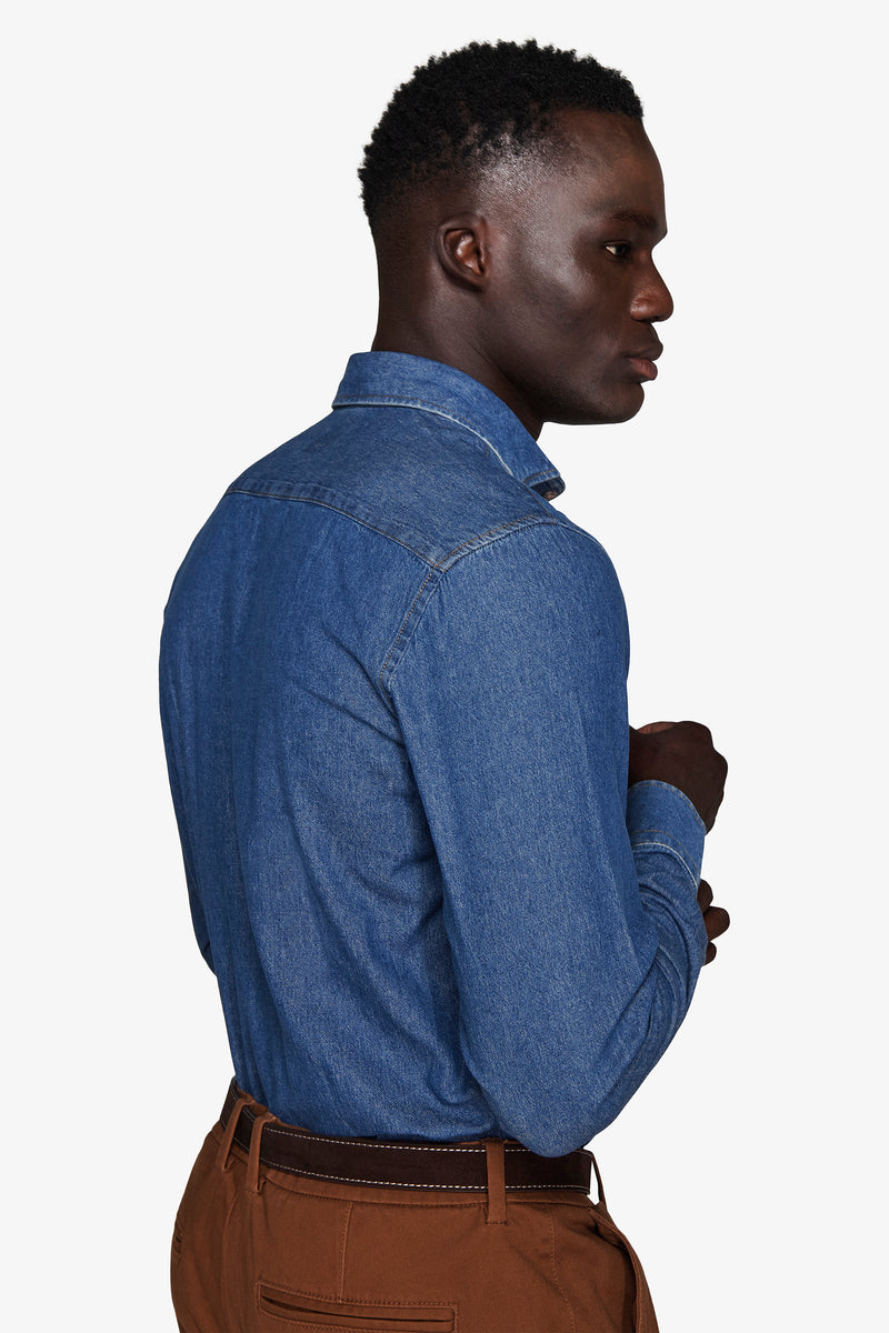 Dark wash chambray denim shirt