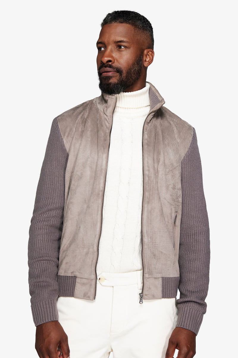 Blouson aviateur en tricot bi-matière gris souris
