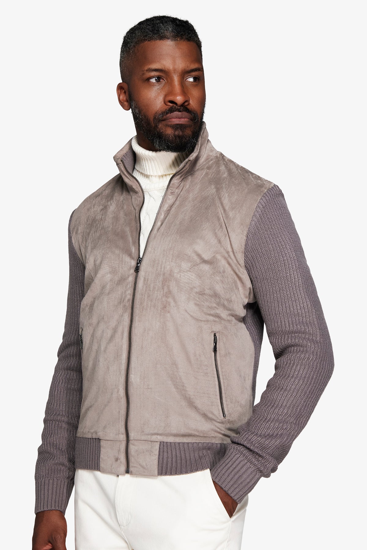 Blouson aviateur en tricot bi-matière gris souris