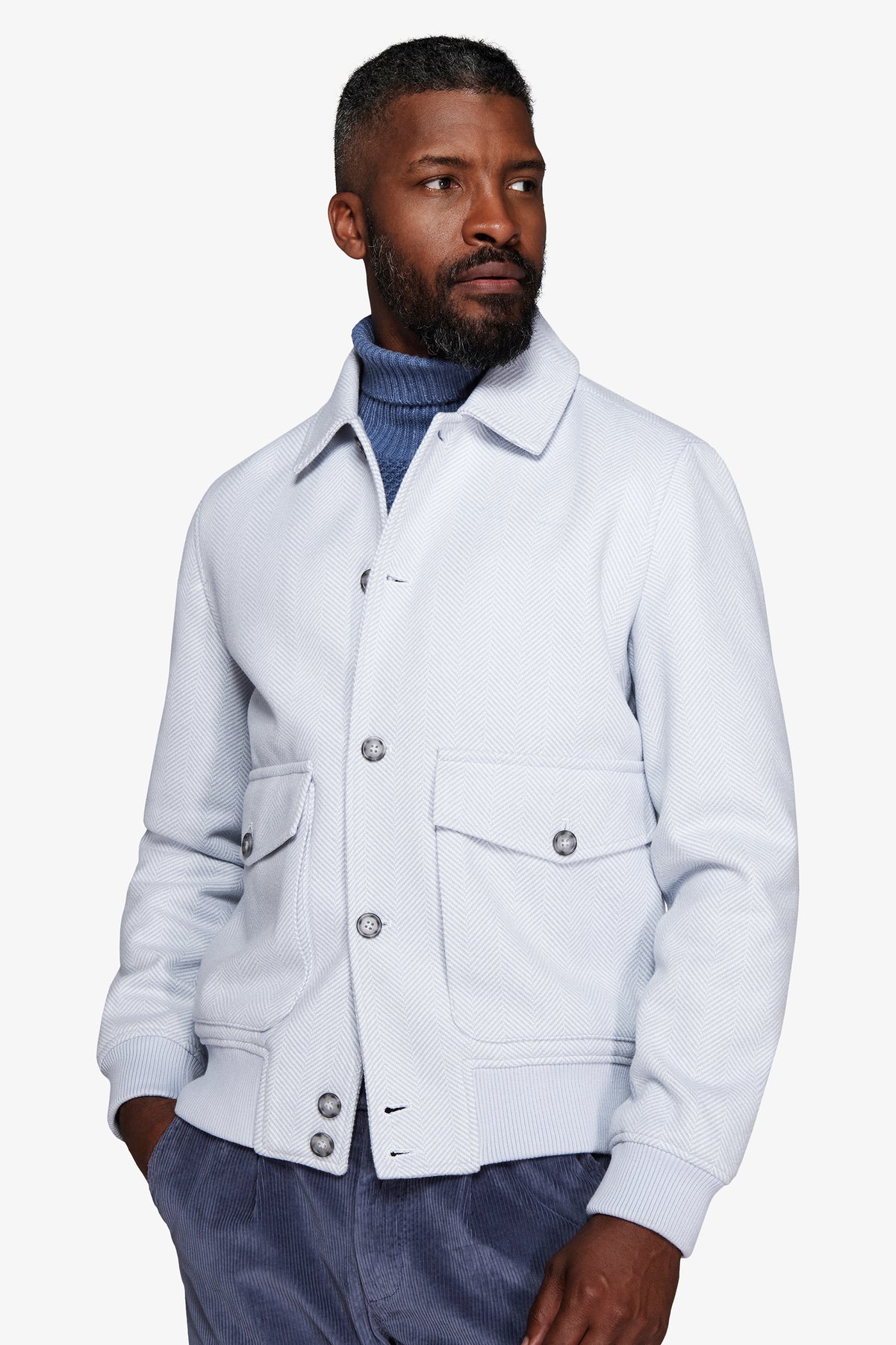 Blouson aviateur bleu clair effet flanelle à chevrons