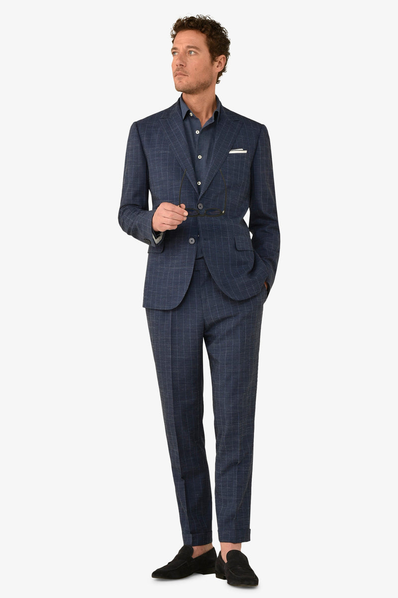 Giacca da abito gessata fiammata blu slim-Dan John