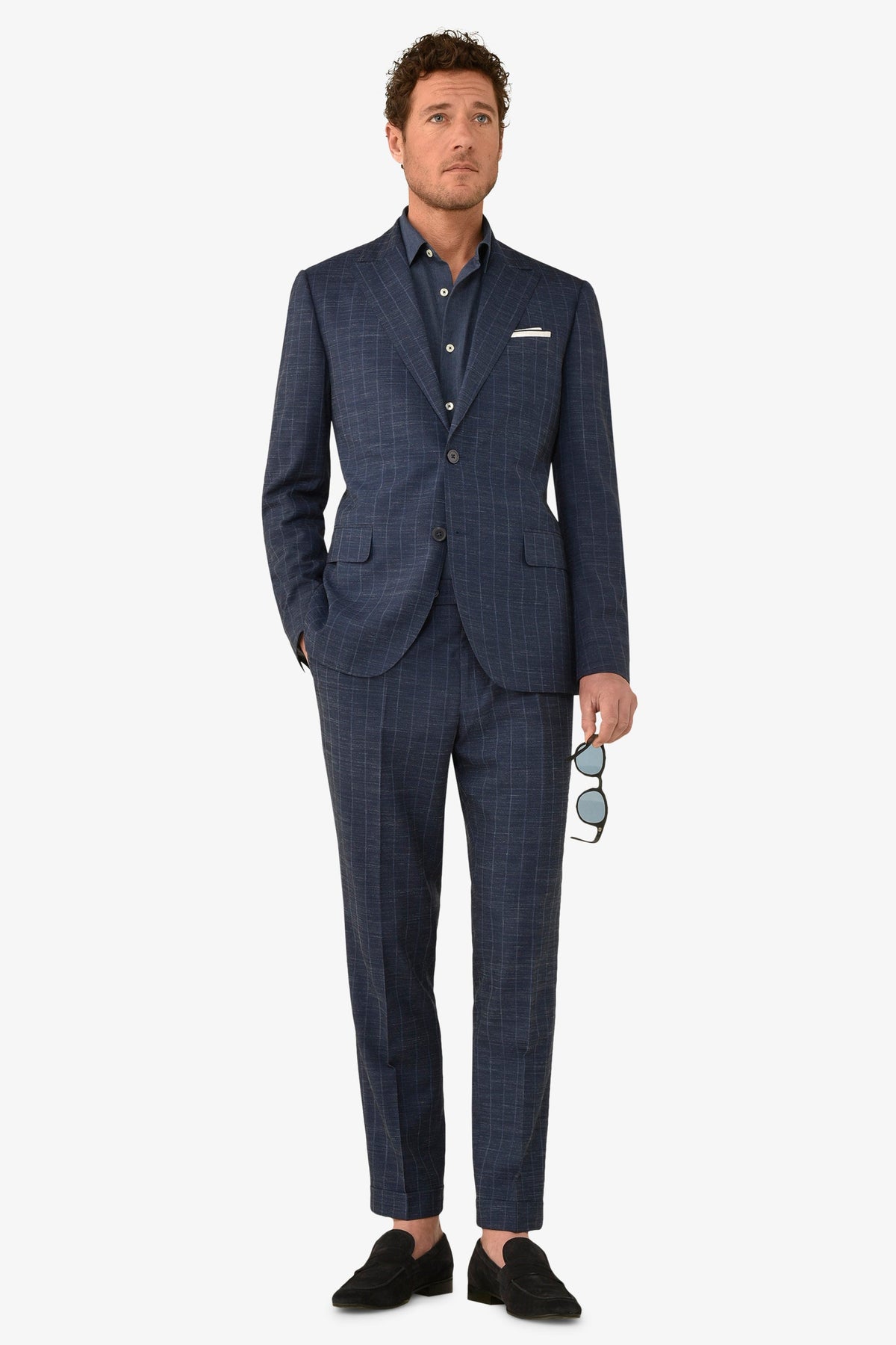 Giacca da abito gessata fiammata blu slim-Dan John