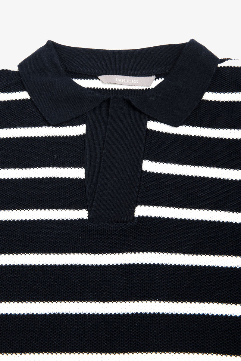 Polo in maglia collo aperto a righe blu-Dan John