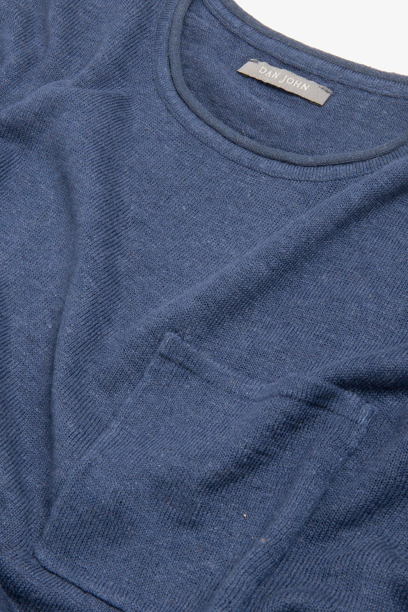 T-shirt in maglia misto lino con taschino indaco-Dan John