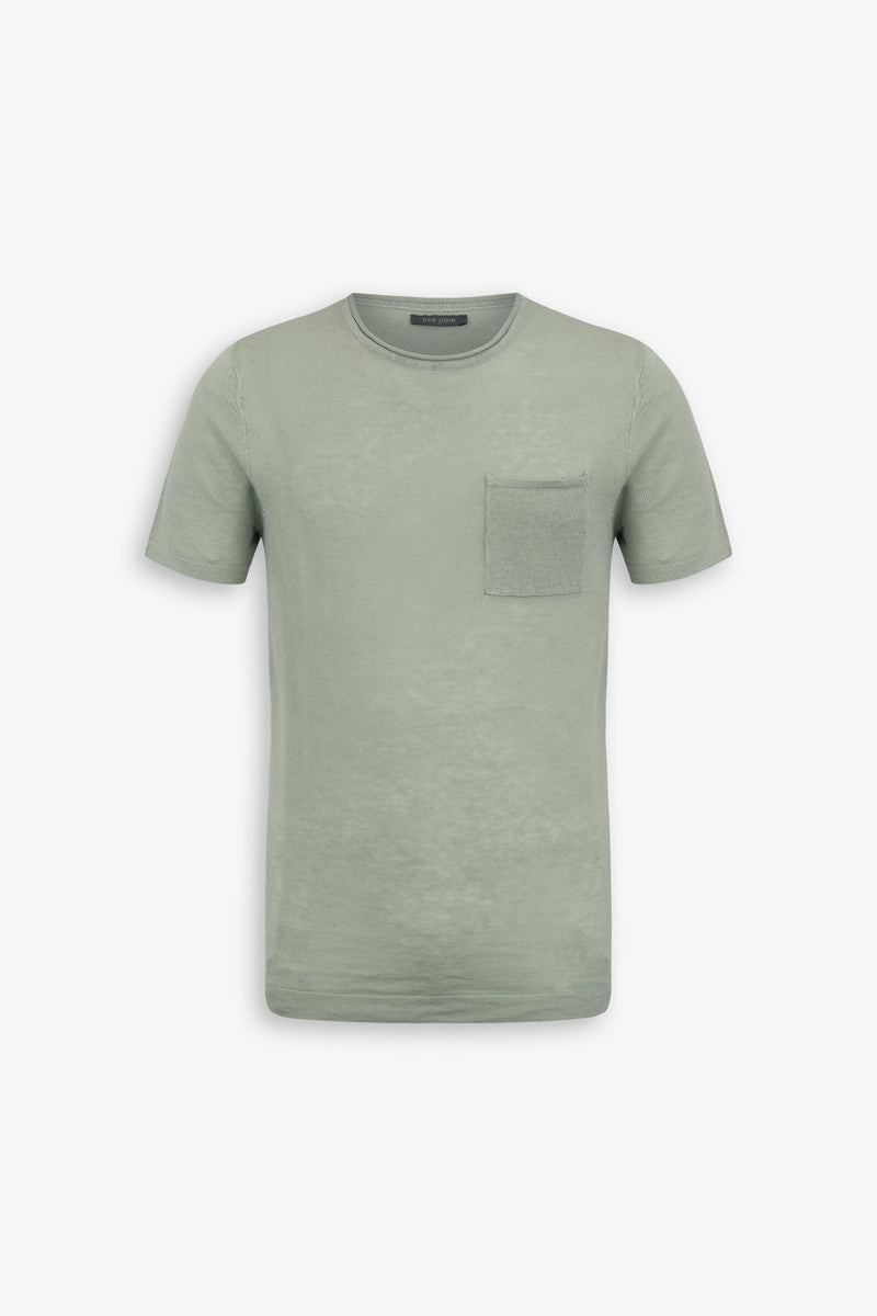 T-shirt in maglia misto lino con taschino salvia-Dan John