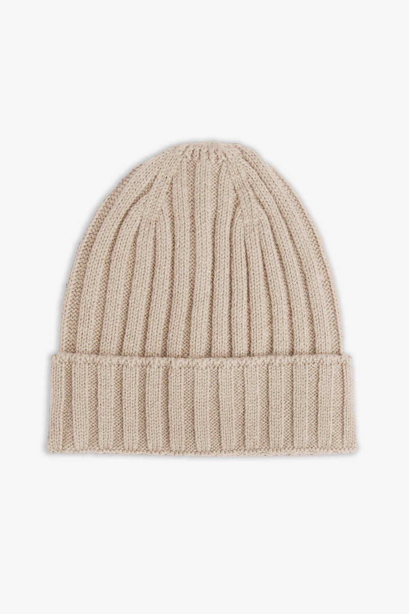 Bonnet beanie beige en côtes anglaises