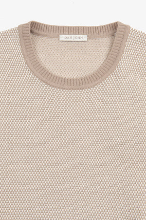 Beige two-tone rice stitch crewneck sweater