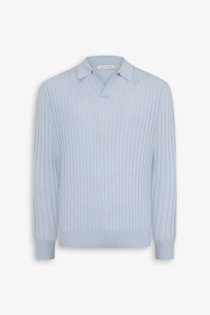 Polo de punto jersey de canalé plano con cuello abierto celeste