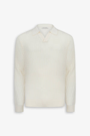 Polo de punto jersey de canalé plano con cuello abierto blanco roto