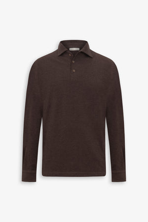 Taupe stretch piqué polo shirt with shirt collar