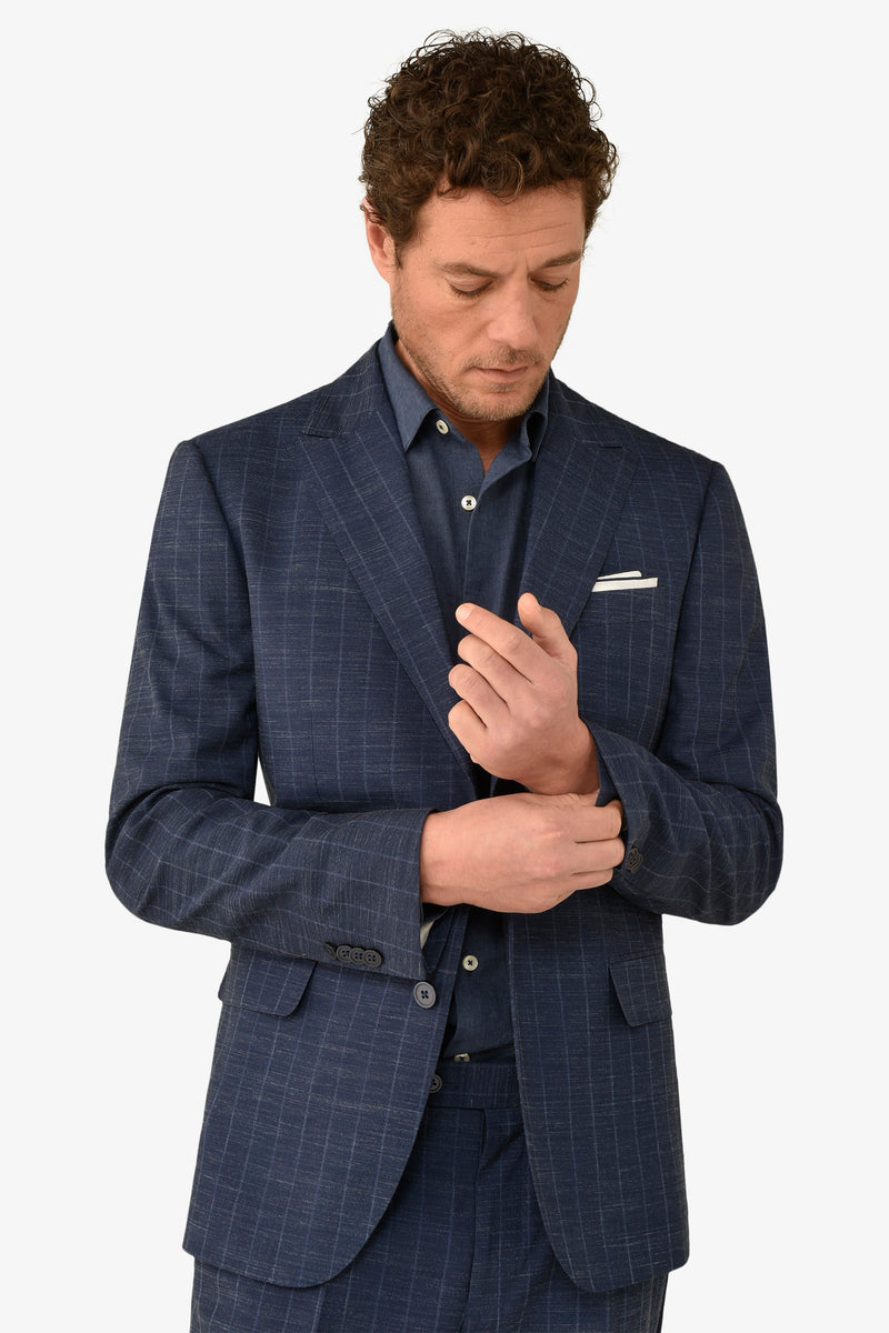 Giacca da abito gessata fiammata blu slim-Dan John